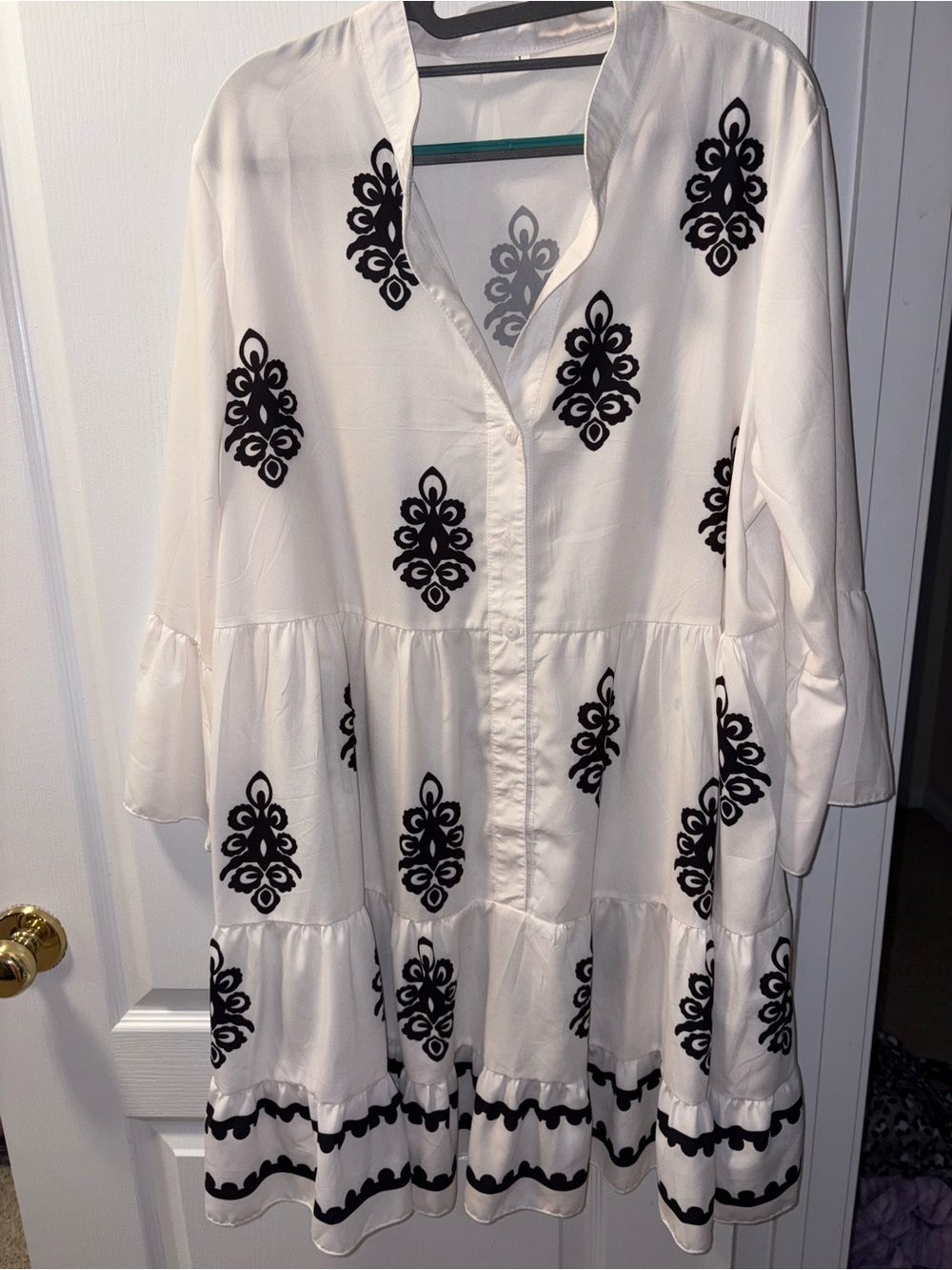 Amazon White Midi Dress with Black Embroidered Motifs